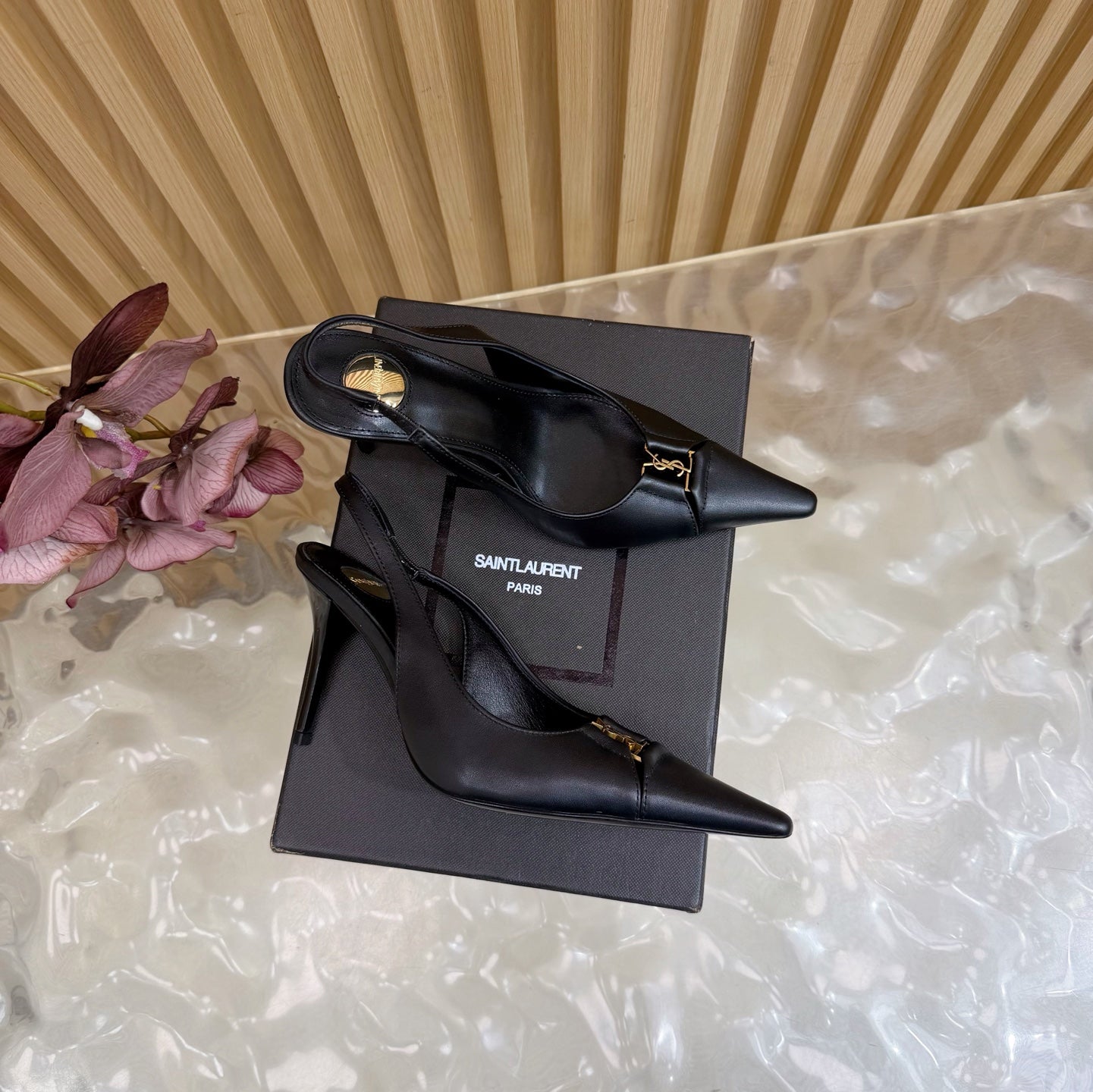 YSL SAINT LAURENT Babylone Leather Slingback Pumps