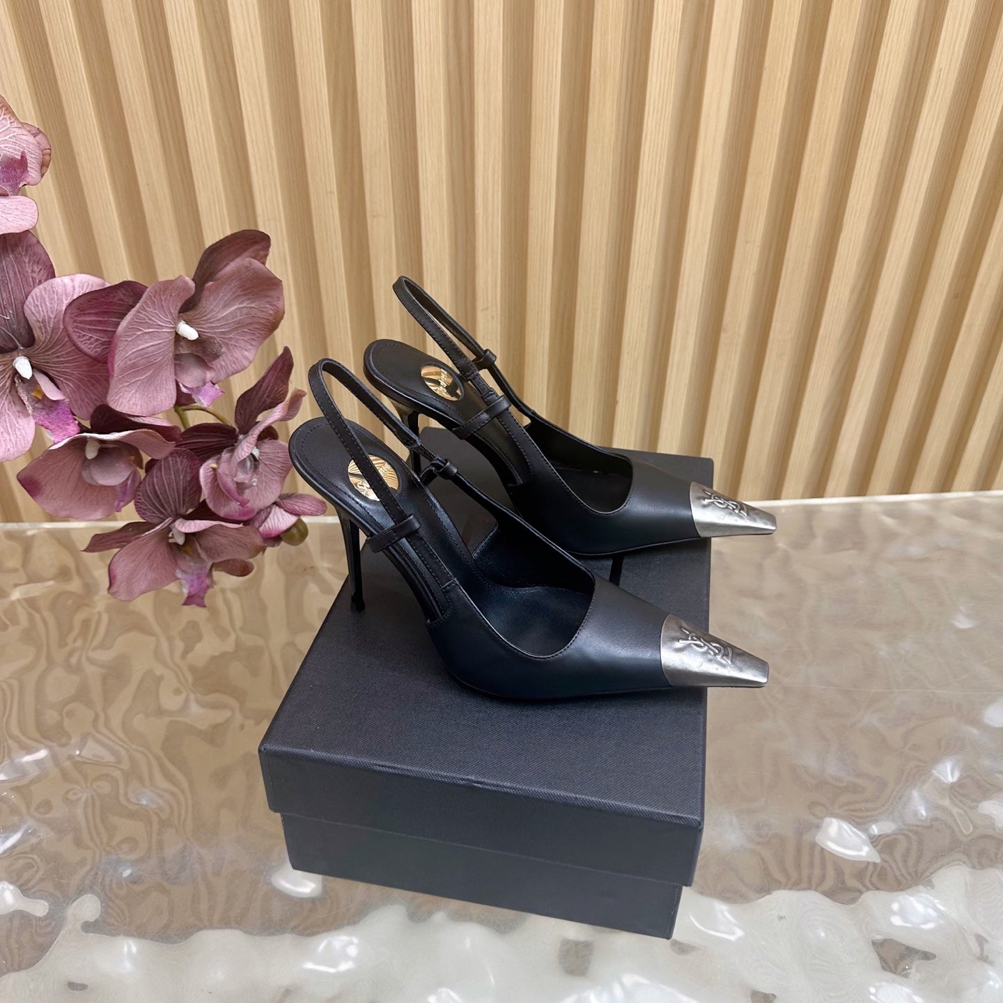 YSL Saint Laurent–Style Black Pointed-Toe Slingback Pumps with Metal Cap Toe