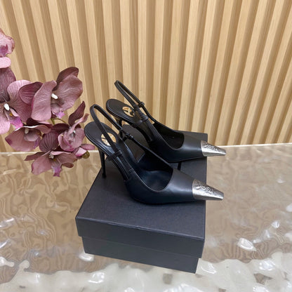 YSL Saint Laurent–Style Black Pointed-Toe Slingback Pumps with Metal Cap Toe