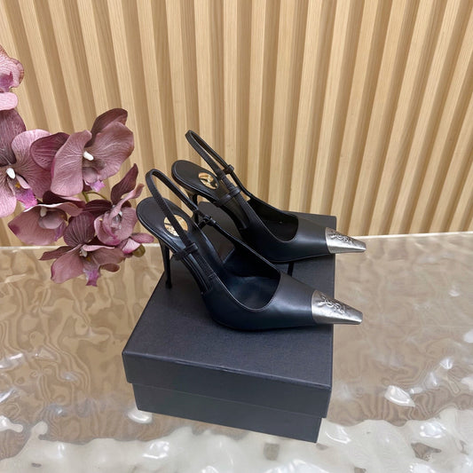 YSL Saint Laurent–Style Black Pointed-Toe Slingback Pumps with Metal Cap Toe