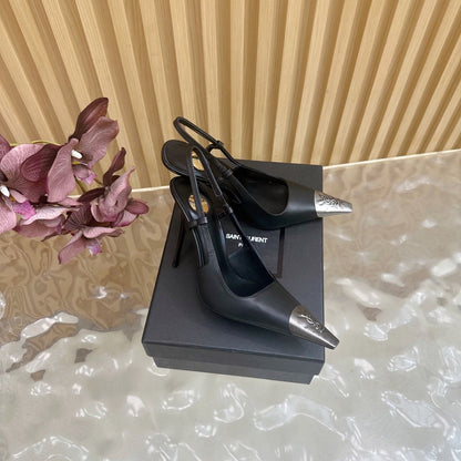 YSL Saint Laurent–Style Black Pointed-Toe Slingback Pumps with Metal Cap Toe