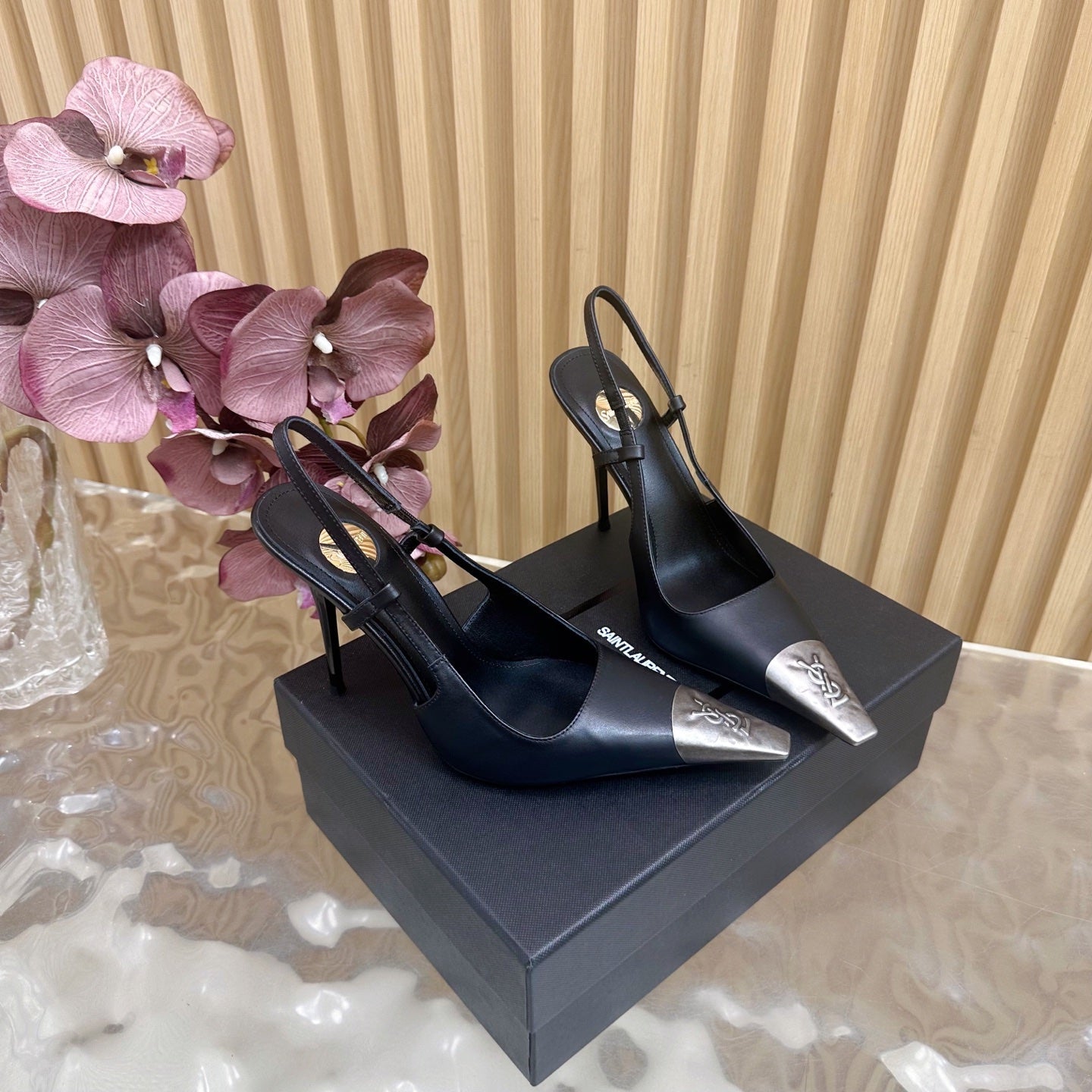 YSL Saint Laurent–Style Black Pointed-Toe Slingback Pumps with Metal Cap Toe