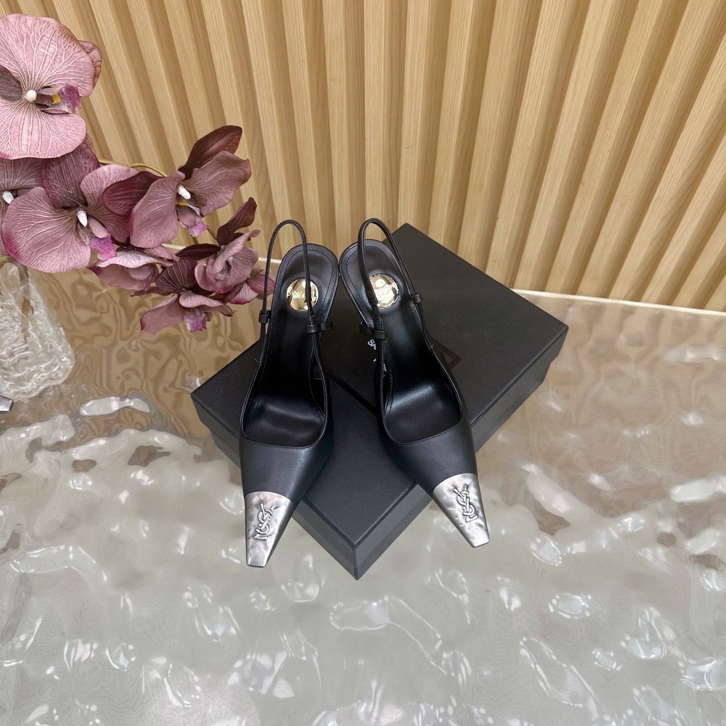YSL Saint Laurent–Style Black Pointed-Toe Slingback Pumps with Metal Cap Toe