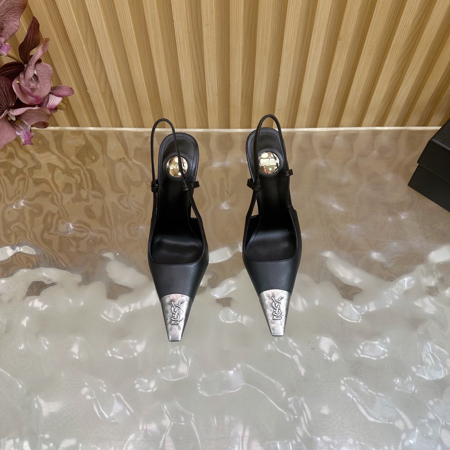 YSL Saint Laurent–Style Black Pointed-Toe Slingback Pumps with Metal Cap Toe