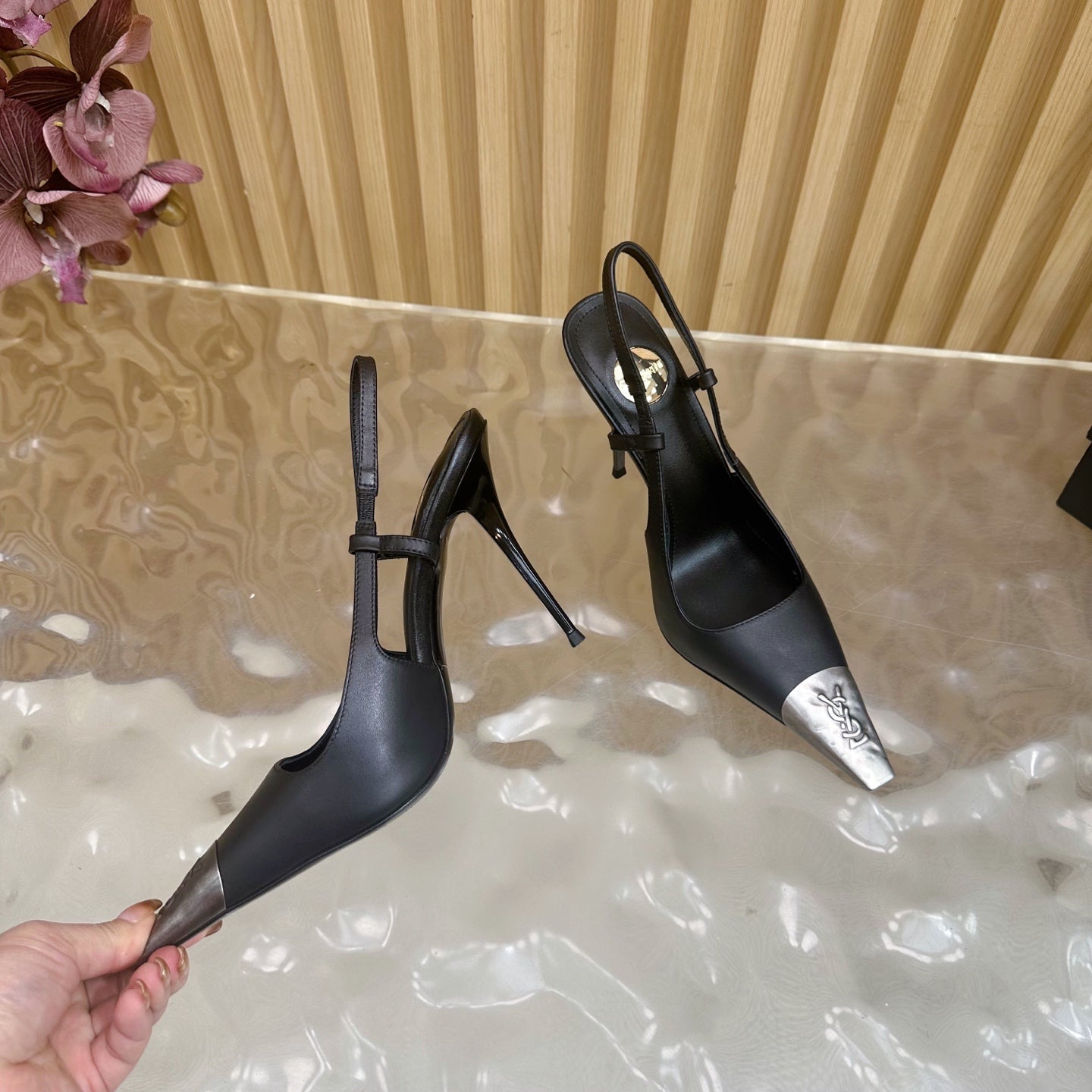 YSL Saint Laurent–Style Black Pointed-Toe Slingback Pumps with Metal Cap Toe