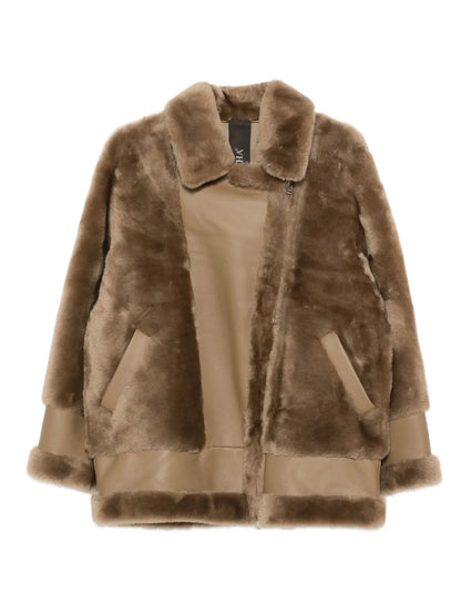 Yves Salomon Reversible Shearling & Leather Jacket in Taupe
