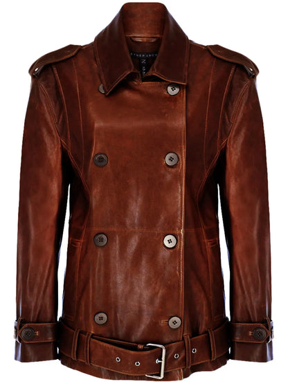 Zeynep Arcay Double-Breasted Belted Leather Trench Jacket