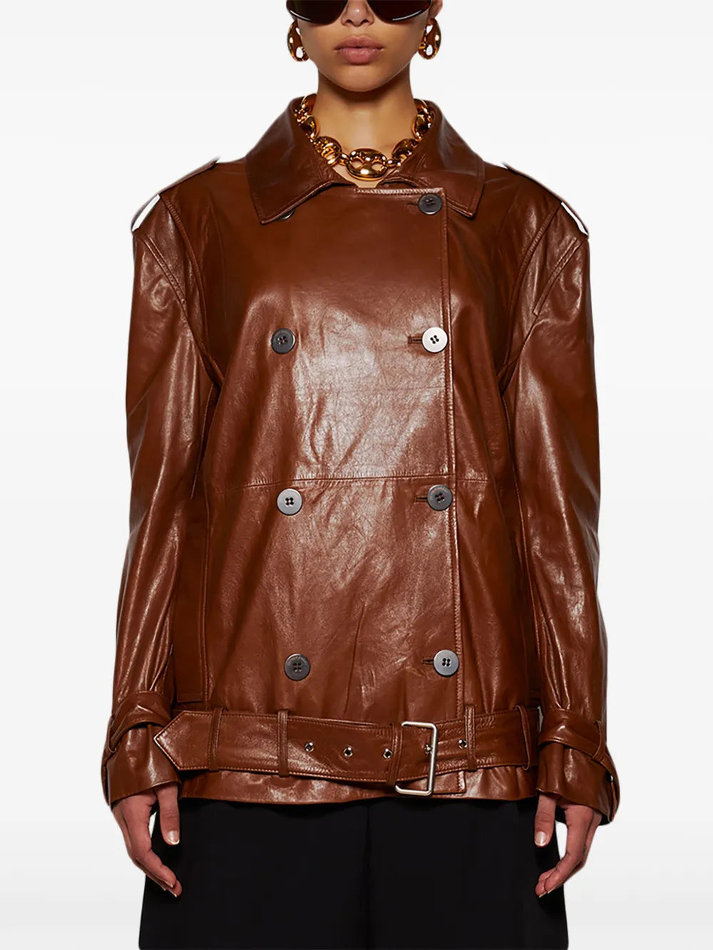 Zeynep Arcay Double-Breasted Belted Leather Trench Jacket