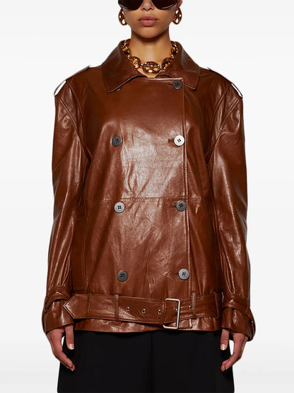 Zeynep Arcay Double-Breasted Belted Leather Trench Jacket