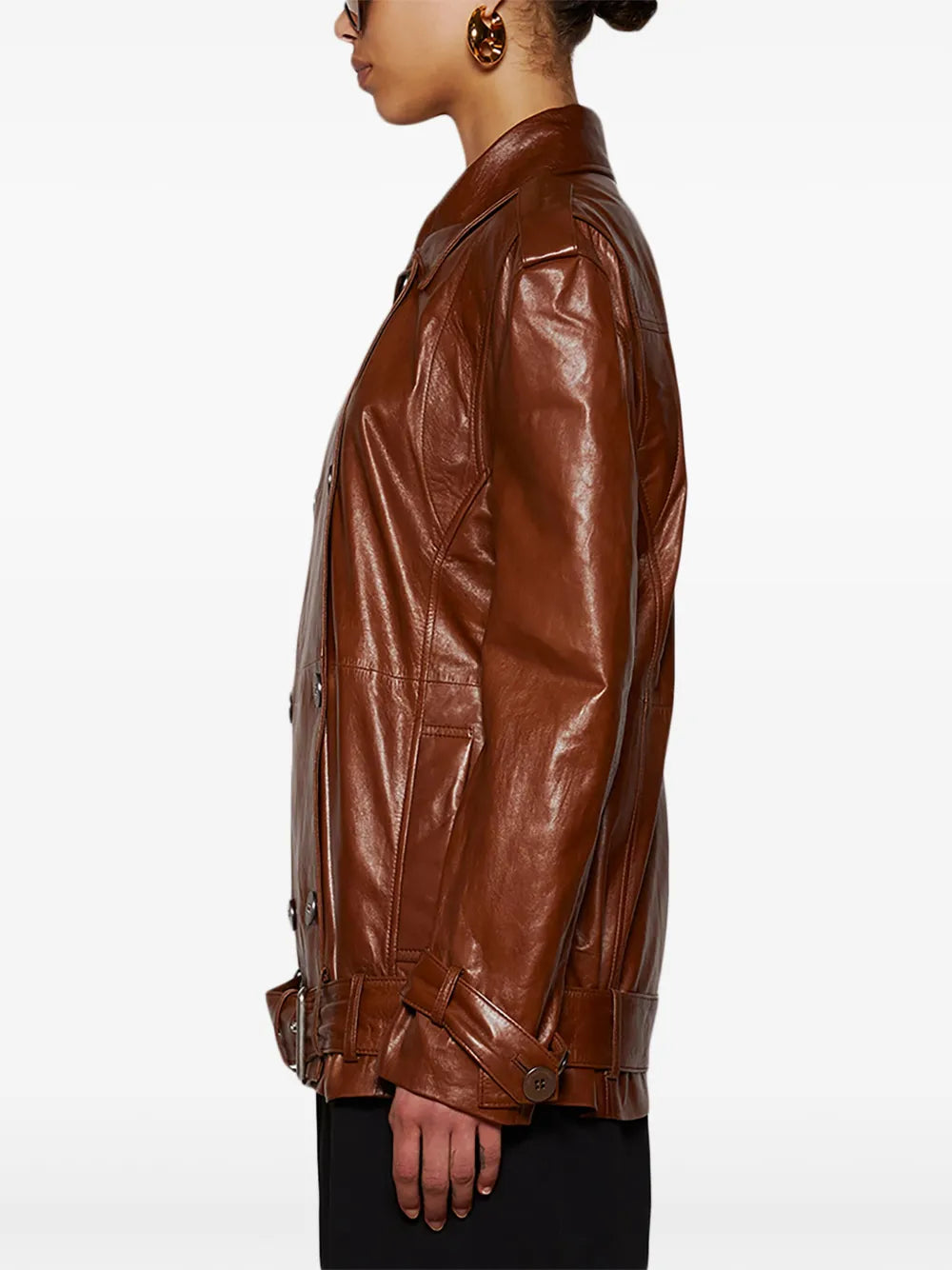 Zeynep Arcay Double-Breasted Belted Leather Trench Jacket