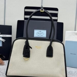 Prada Linen Blend Leather Tote Bag - Tan/Black