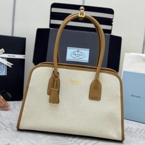 Prada Linen Blend Leather Tote Bag – Tan/Caramel