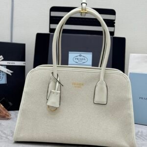 Prada Linen Blend Leather Tote Bag – Tan/White