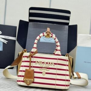 Prada Jardinière Striped Cotton Canvas Bag- Pomegranate Yellow/Red