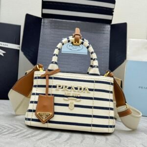 Prada Jardinière Striped Cotton Canvas Bag- Ivory/Blue