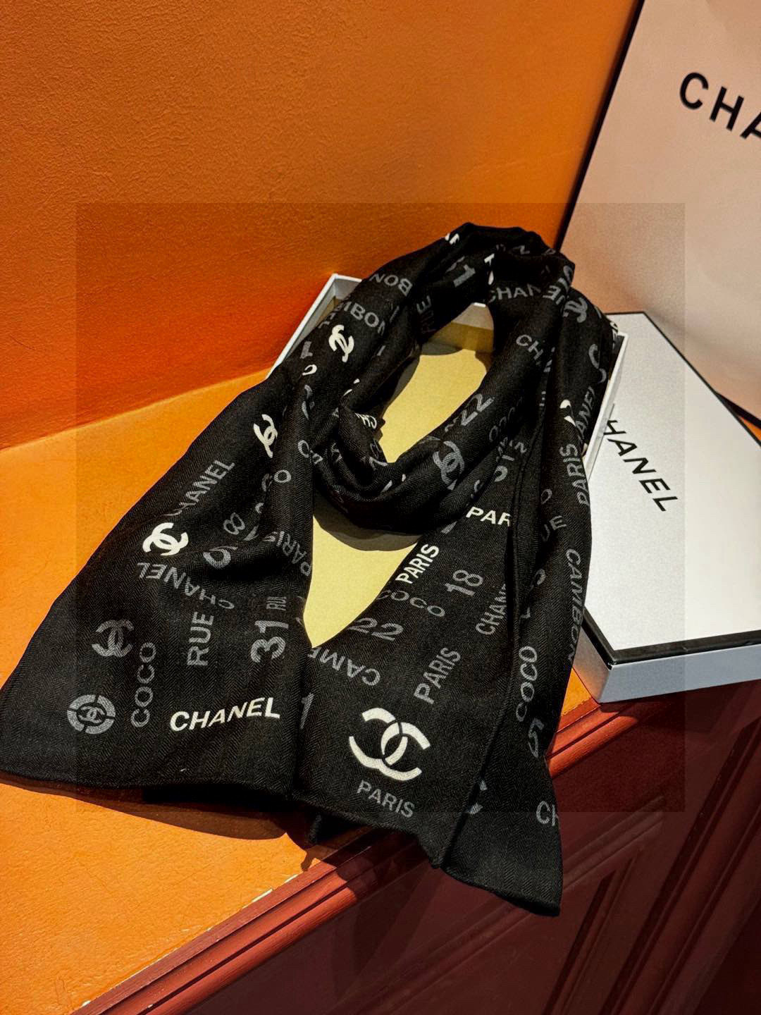Chanel Coco Paris Rue Cambon Logo Scarf