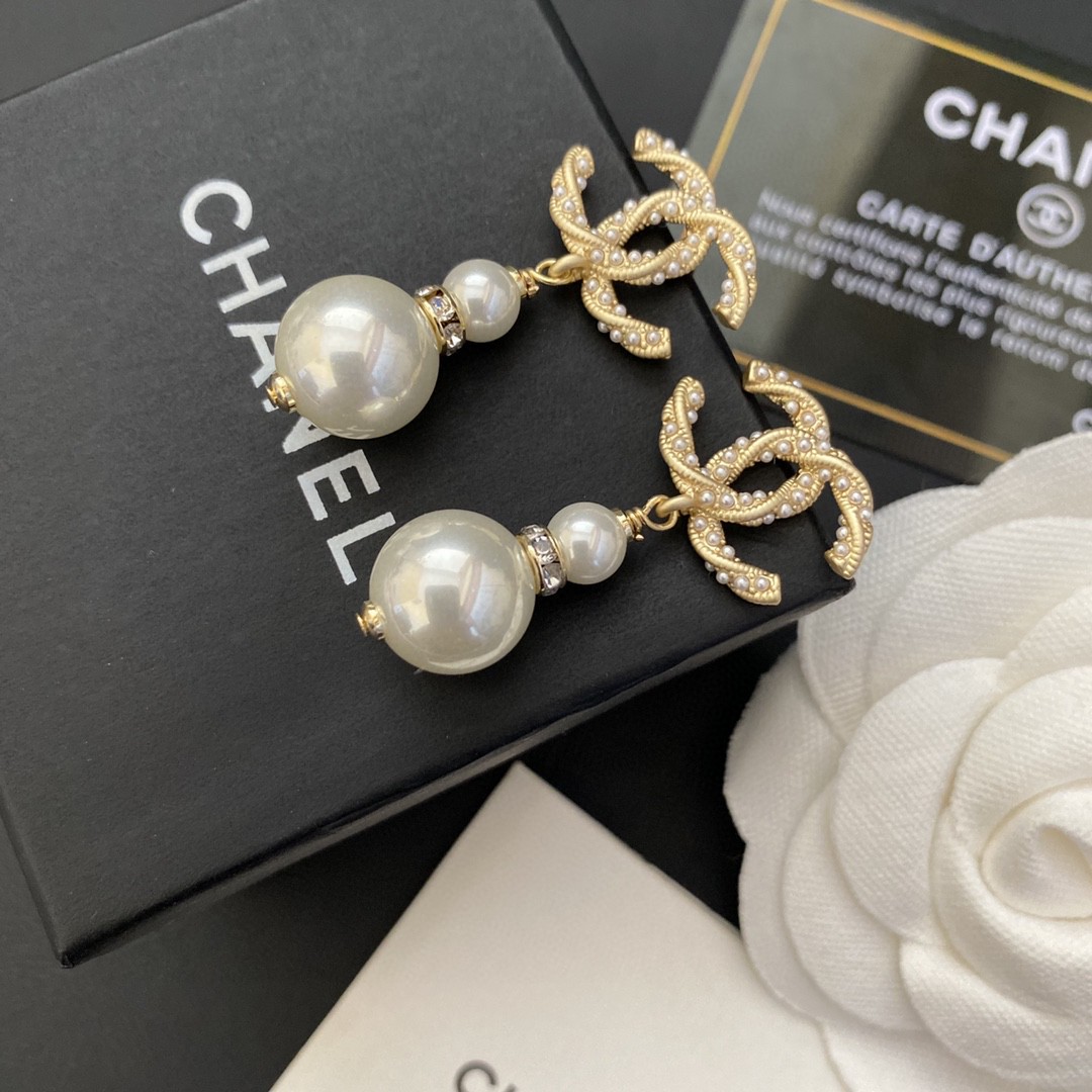 Chanel CC Crystal Pearl Drop Earrings