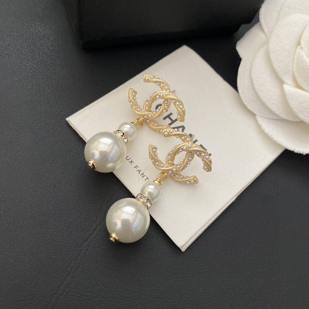 Chanel CC Crystal Pearl Drop Earrings