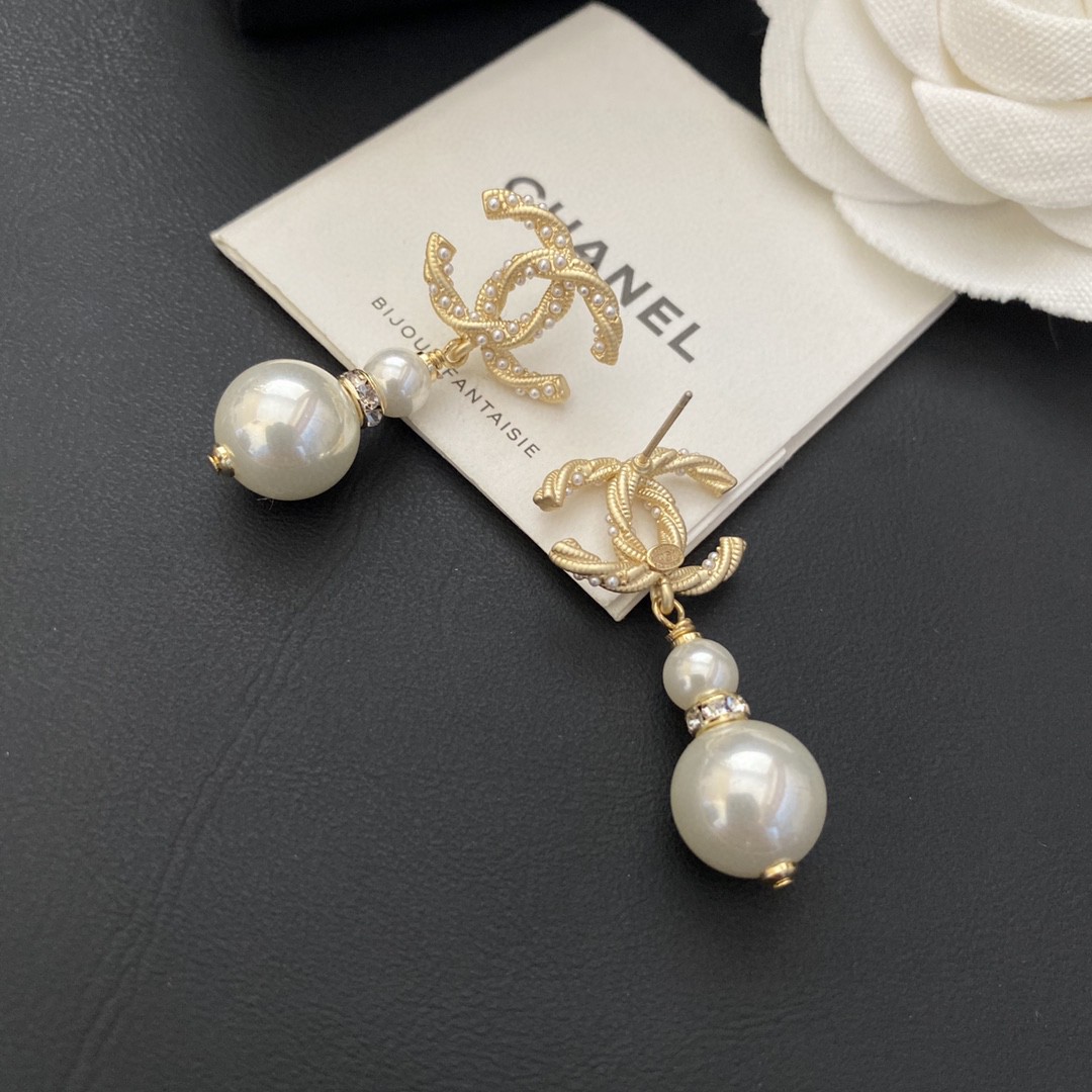 Chanel CC Crystal Pearl Drop Earrings