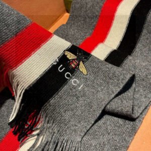 Gucci Wool Scarf with Web Stripe and Bee Embroidery