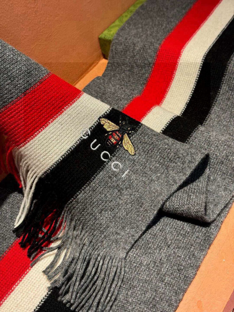 Gucci Wool Scarf with Web Stripe and Bee Embroidery