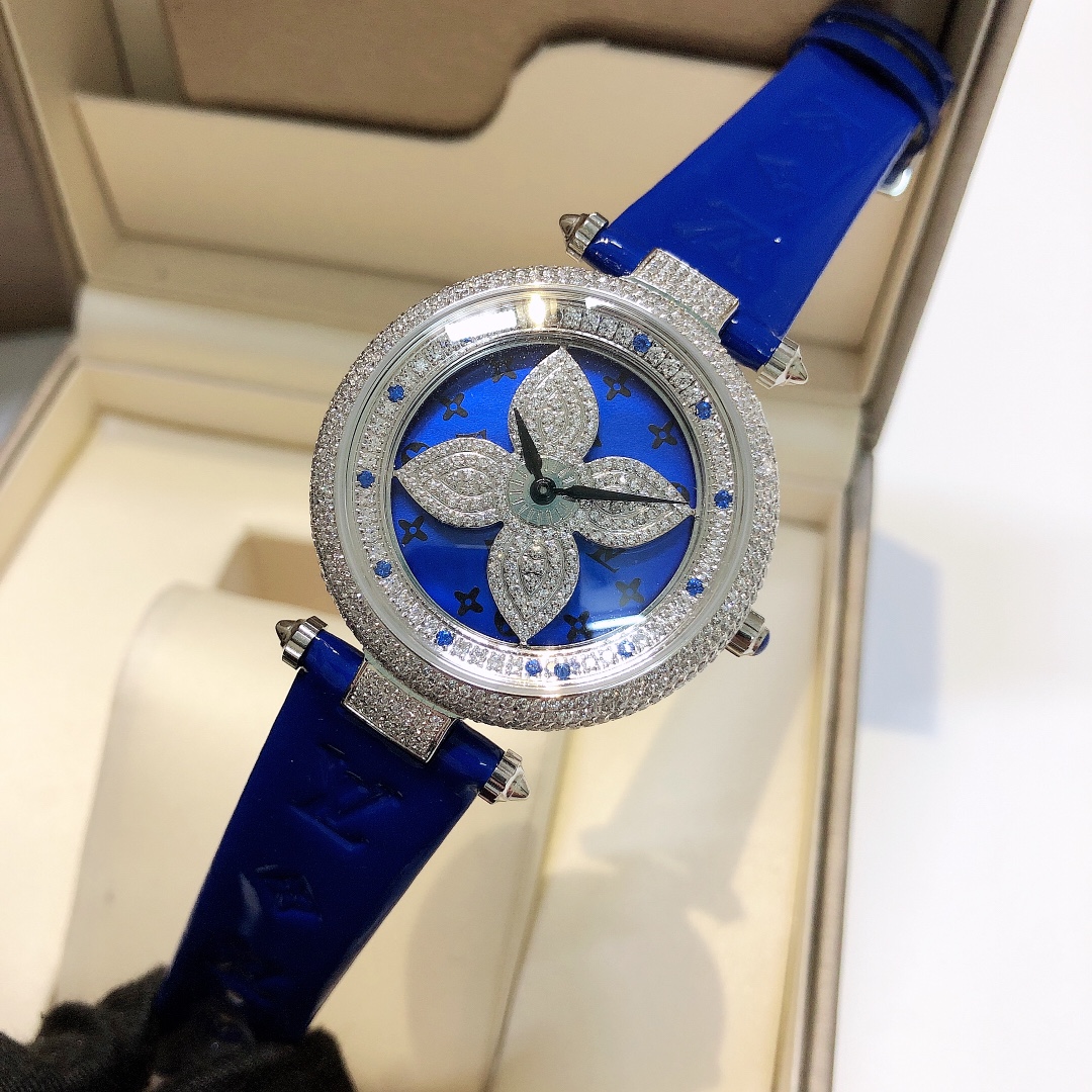 Louis Vuitton Blue Mother-of-Pearl Monogram Flower & Diamond-Set Bezel