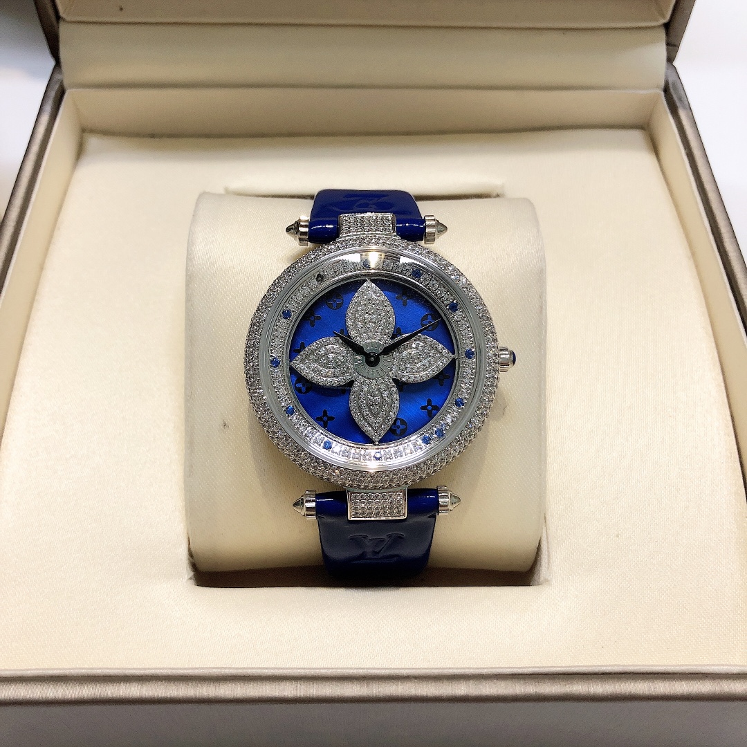 Louis Vuitton Blue Mother-of-Pearl Monogram Flower & Diamond-Set Bezel