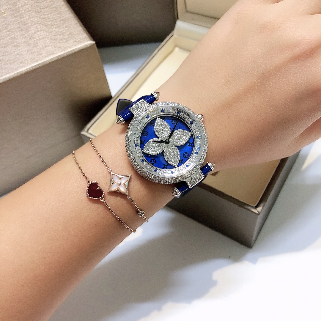 Louis Vuitton Blue Mother-of-Pearl Monogram Flower & Diamond-Set Bezel