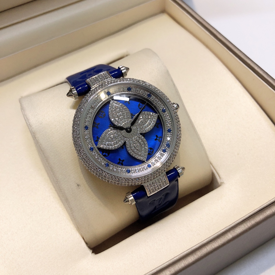 Louis Vuitton Blue Mother-of-Pearl Monogram Flower & Diamond-Set Bezel