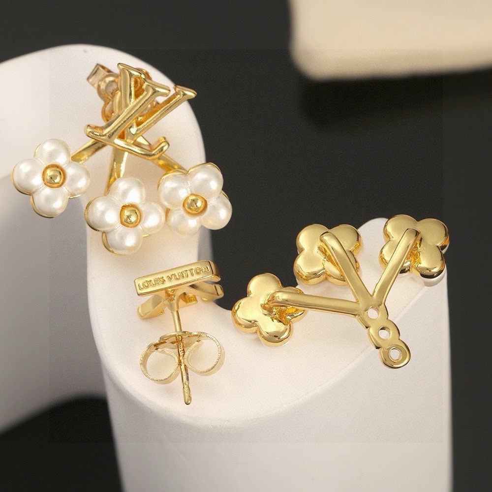 Louis Vuitton Loulougram Faux Pearl Gold Tone Earrings