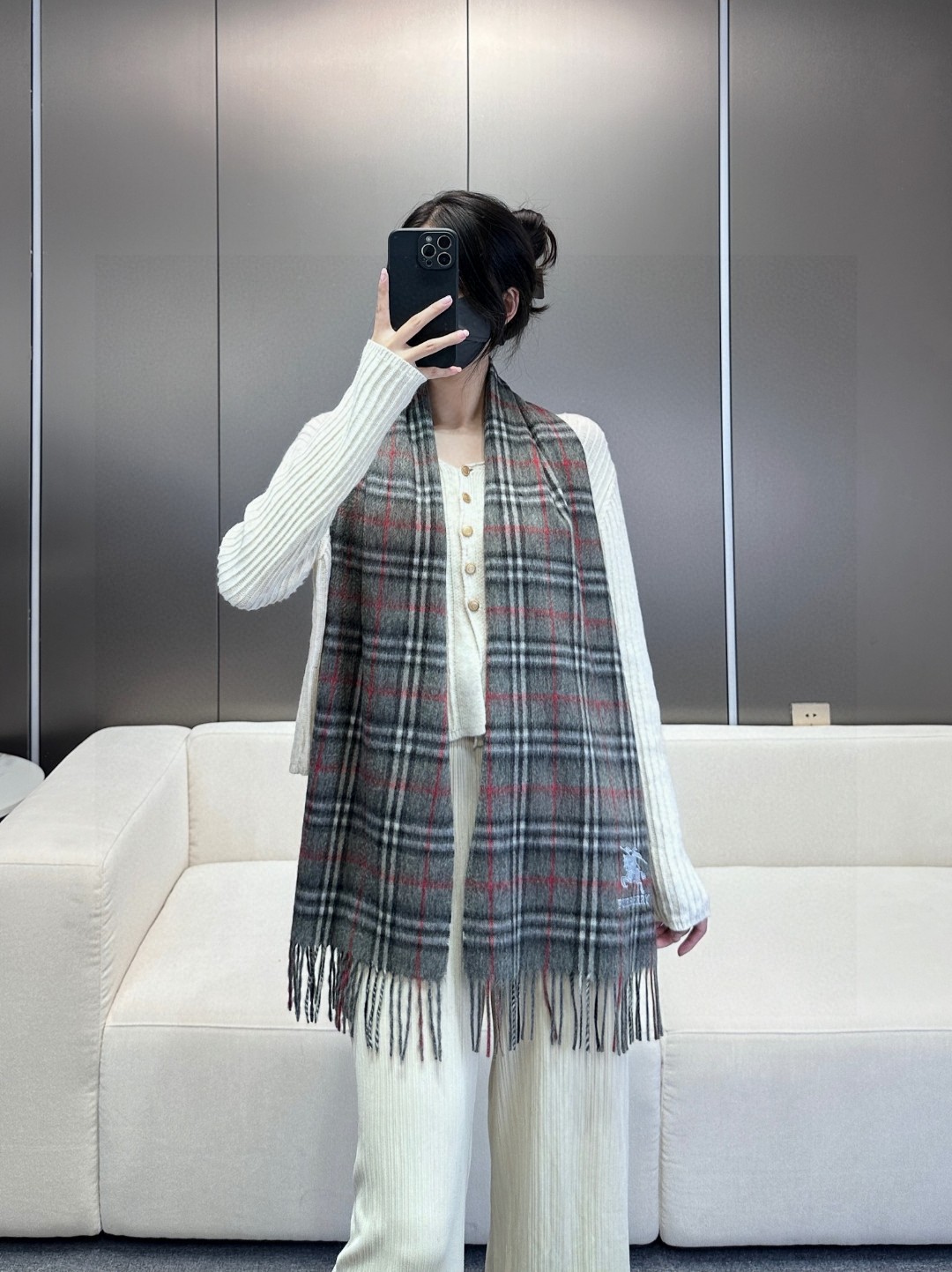 Burberry Tartan Wool & Cashmere Scarf with Equestrian Knight Logo