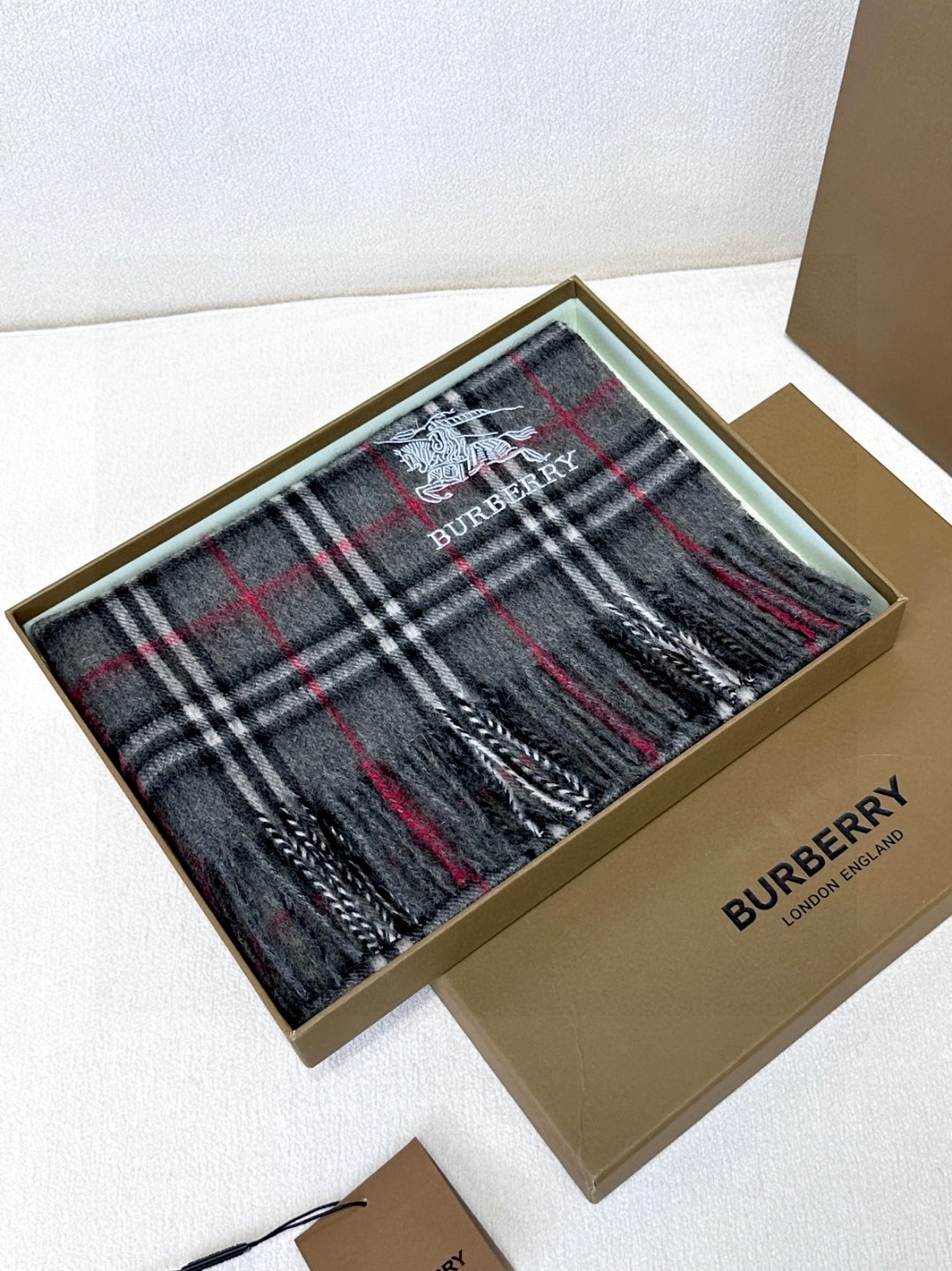 Burberry Tartan Wool & Cashmere Scarf with Equestrian Knight Logo