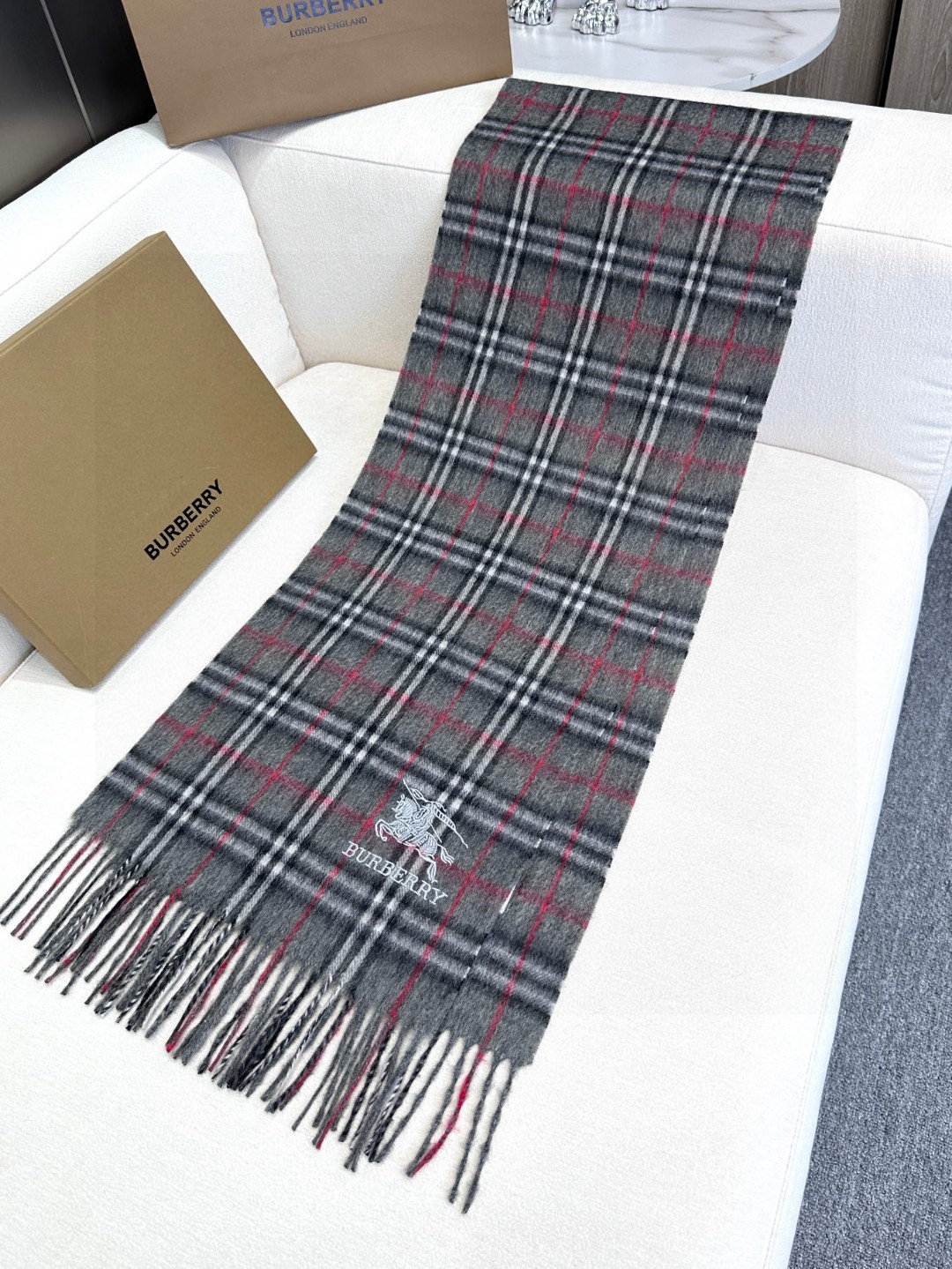 Burberry Tartan Wool & Cashmere Scarf with Equestrian Knight Logo
