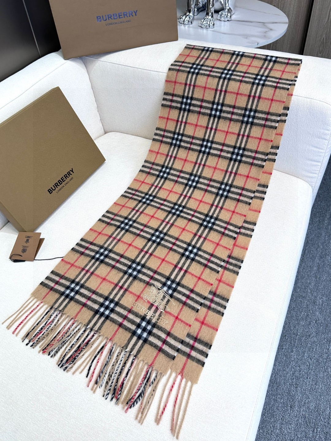 Burberry Tartan Wool & Cashmere Scarf with Equestrian Knight Logo