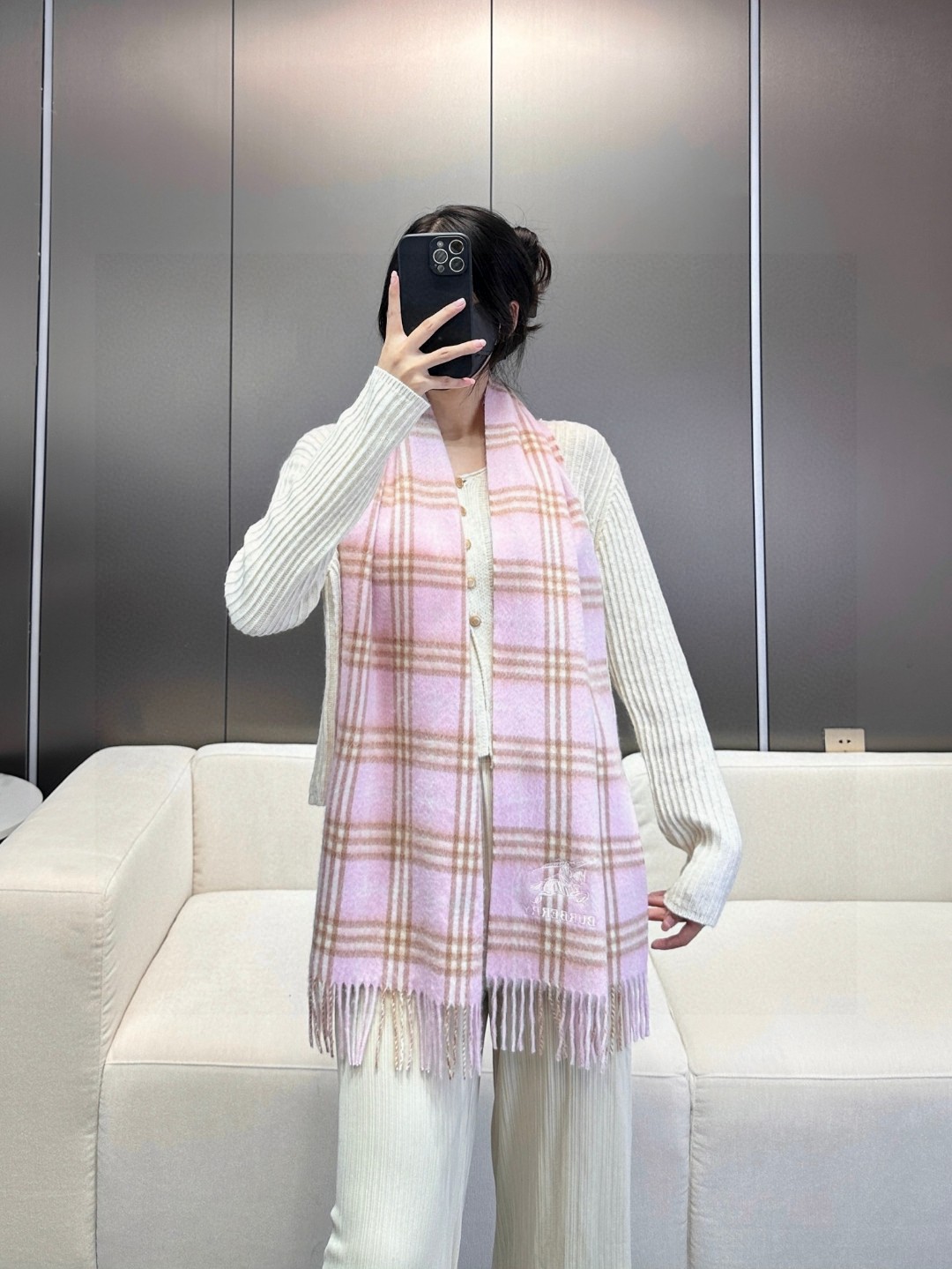 Burberry Tartan Wool & Cashmere Scarf with Equestrian Knight Logo