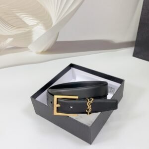 Saint Laurent Square Buckle Leather Belt with Mini Monogram Keeper