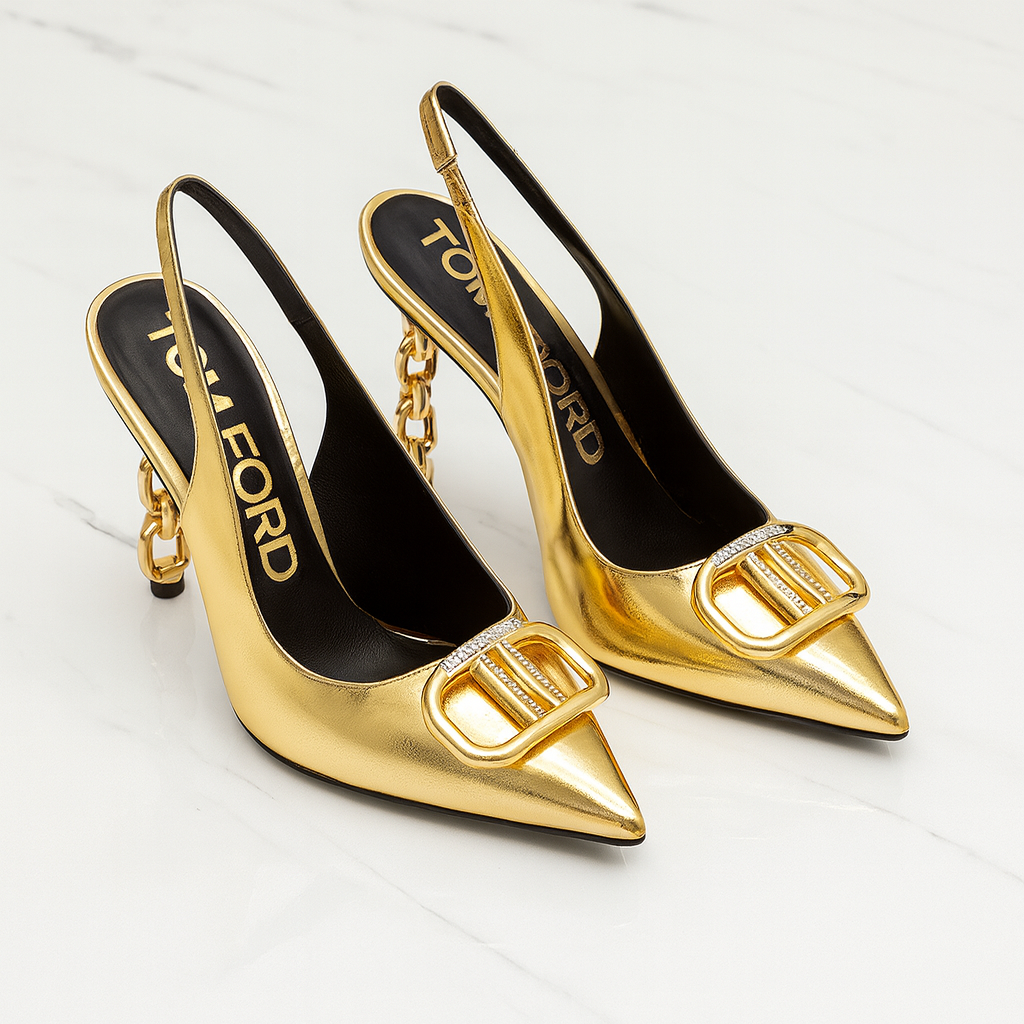 Tom Ford Metallic Croc-Effect Padlock Buckle Slingback Heels