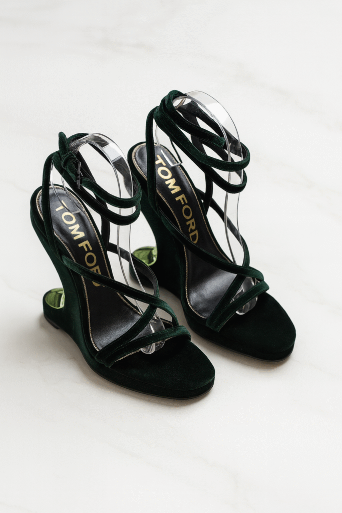 Tom Ford Velvet Wedge Sandals with Sculptural Heel