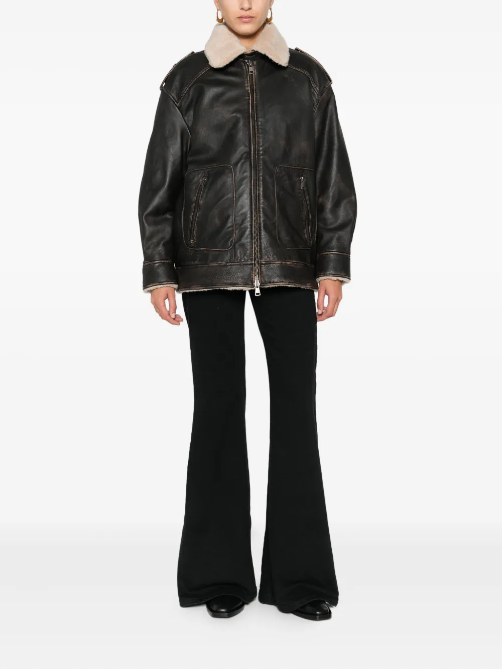 Aviator-Style Shearling-Collar Leather Jacket