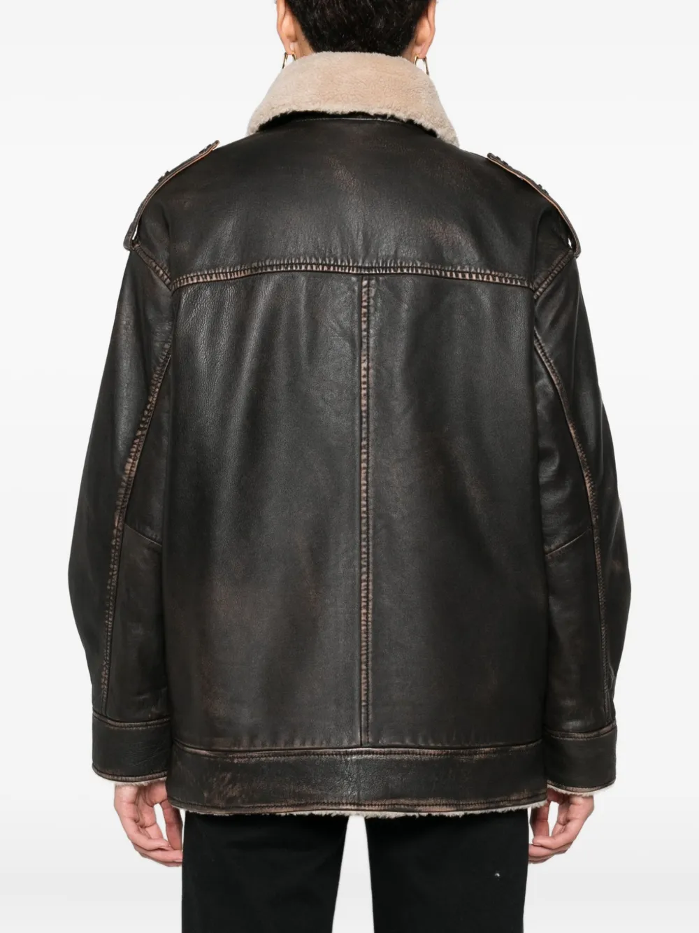 Aviator-Style Shearling-Collar Leather Jacket
