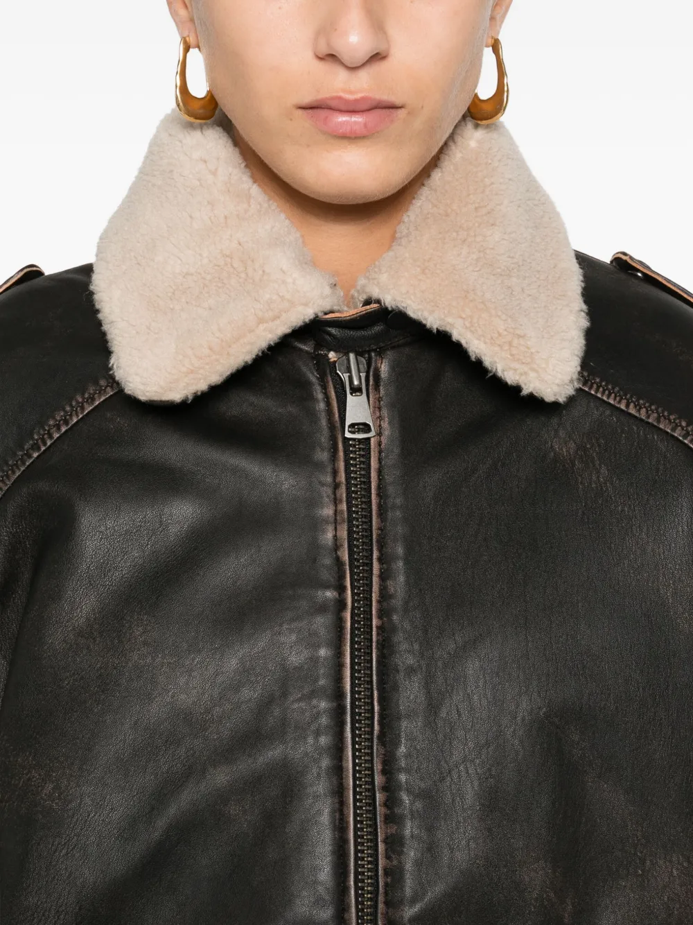 Aviator-Style Shearling-Collar Leather Jacket