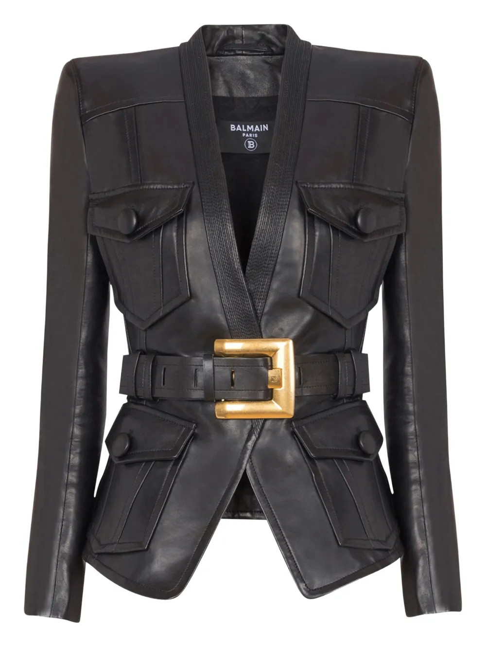 Balmain Belted Black Leather Jacket with Gold Buckle
