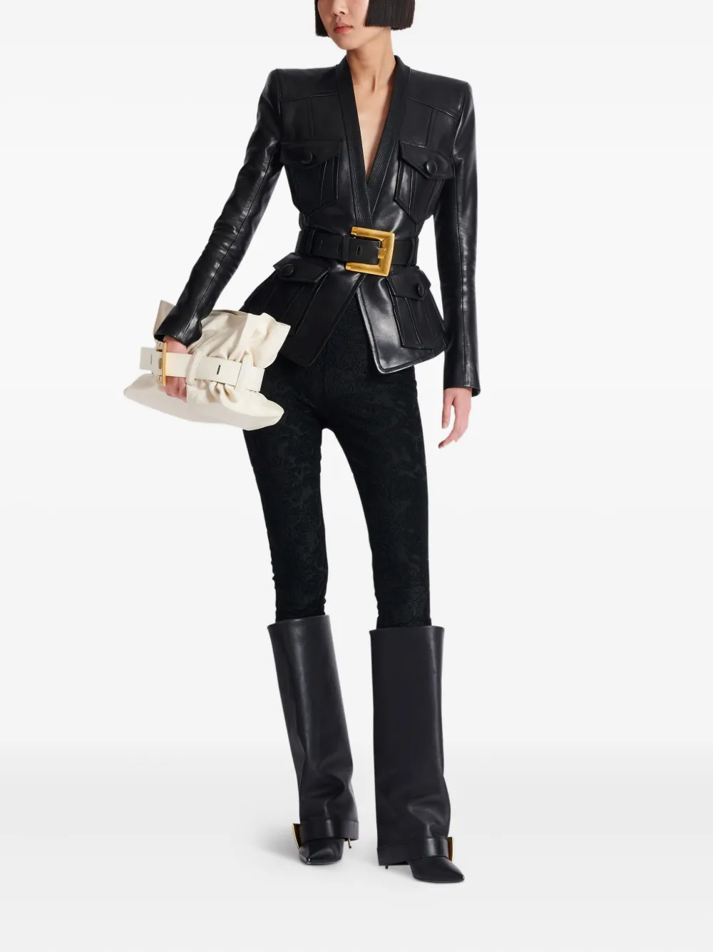 Balmain Belted Black Leather Jacket with Gold Buckle