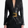 Balmain Belted Black Leather Jacket with Gold Buckle