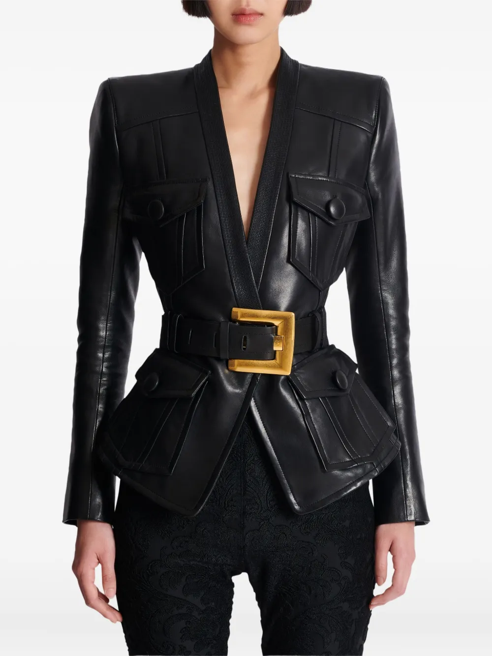 Balmain Belted Black Leather Jacket with Gold Buckle