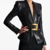 Balmain Belted Black Leather Jacket with Gold Buckle