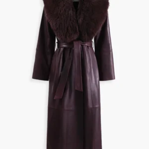 Briona Dark Plum Leather Coat with Shearling Collar