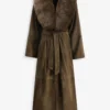 Briona Deep Olive Suede Coat with Fur Collar