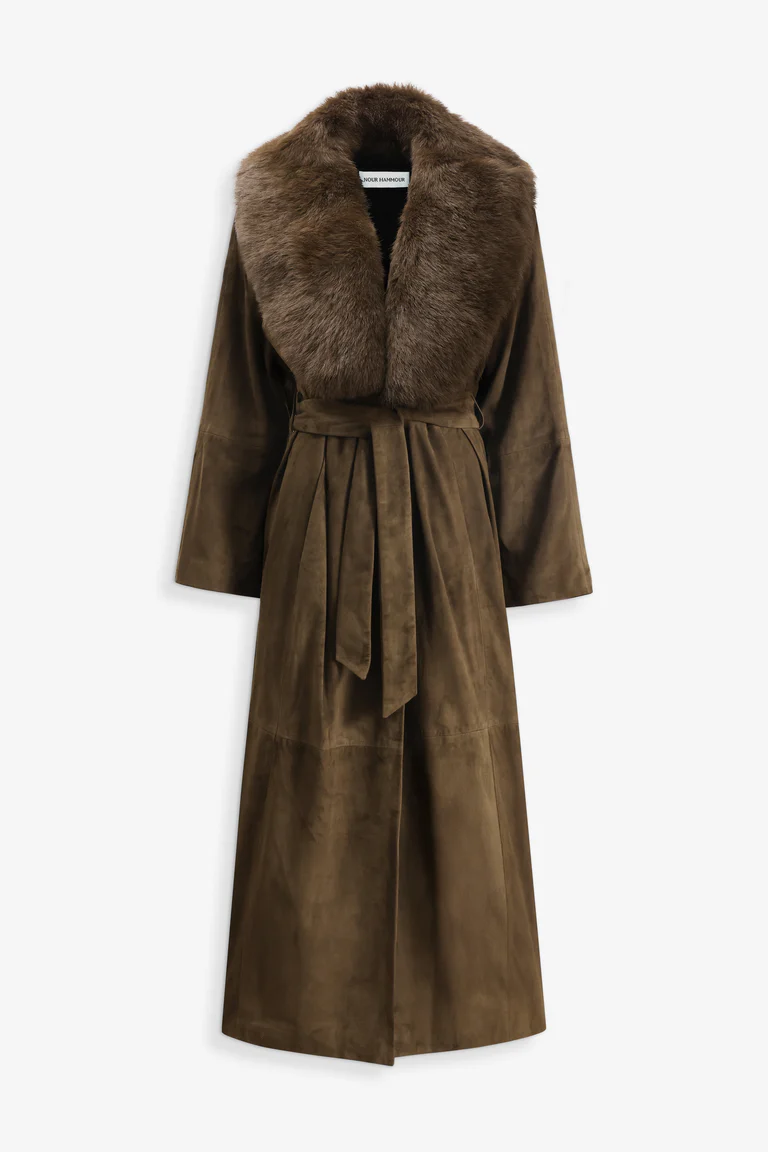 Briona Deep Olive Suede Coat with Fur Collar