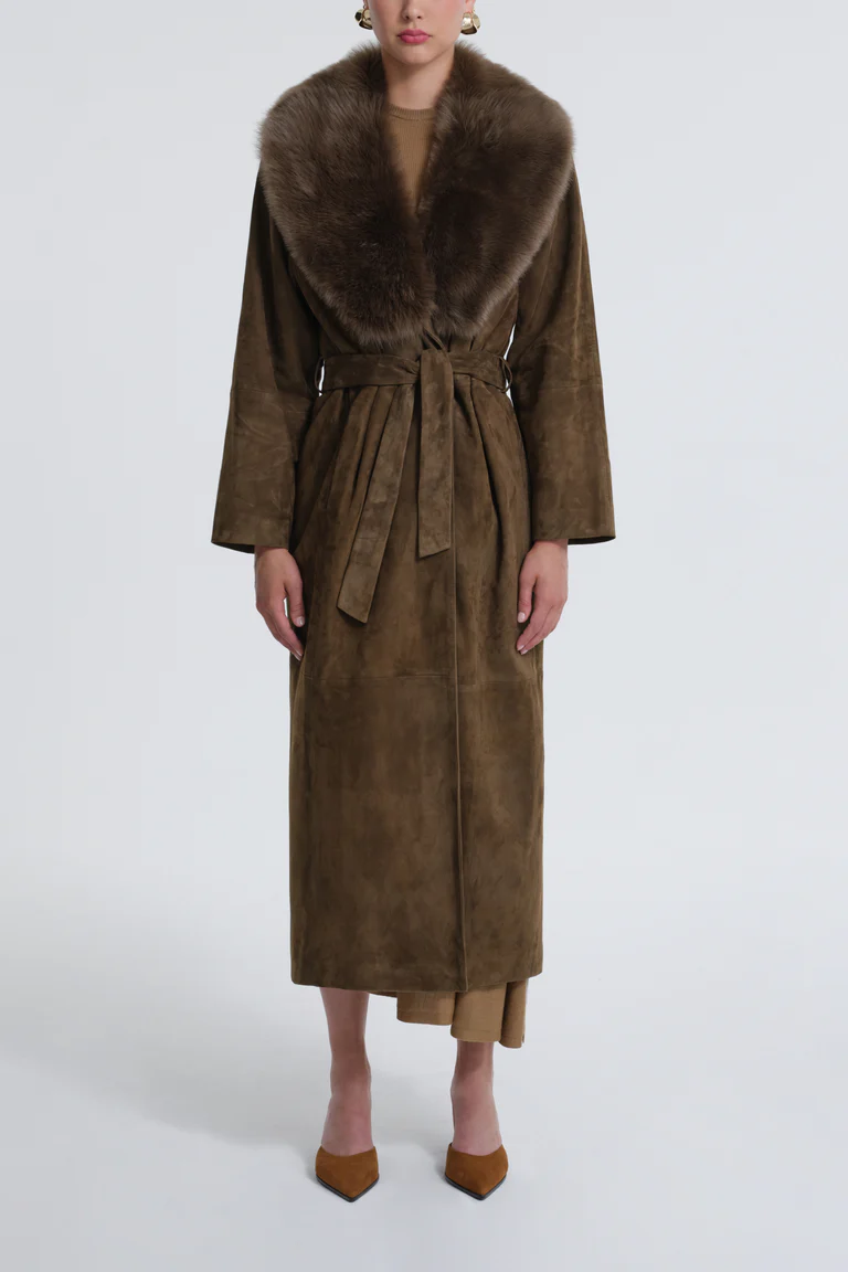 Briona Deep Olive Suede Coat with Fur Collar